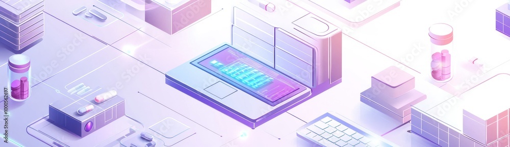 A digital workspace featuring a laptop, pills, and various tech elements. A digital workspace featuring a laptop, pills, and various tech elements.