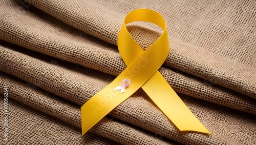 Yellow ribbon on textile background with copy space for endometriosis awareness month or sign for microencephaly and suicide prevention photo