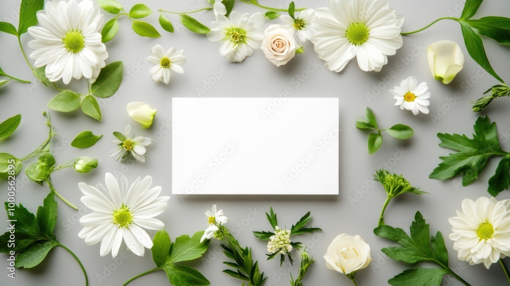 A blank card surrounded by white flowers and greenery, ideal for invitations or messages. A blank card surrounded by white flowers and greenery, ideal for invitations or messages.