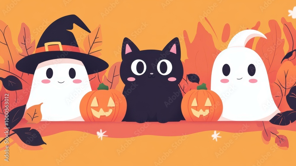A cute Halloween scene filled with a black cat, white ghosts, and bright pumpkins, celebrating the spooky season. A cute Halloween scene filled with a black cat, white ghosts, and bright pumpkins, celebrating the spooky season.