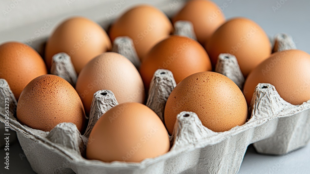 A carton containing twelve brown eggs arranged neatly. A carton containing twelve brown eggs arranged neatly.