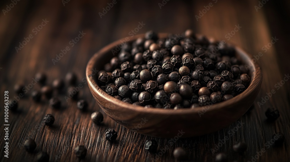 A wooden bowl filled with black peppercorns, set against a dark wooden background. A wooden bowl filled with black peppercorns, set against a dark wooden background.
