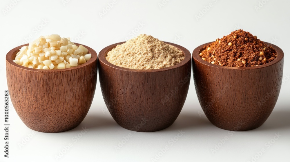 Three wooden bowls filled with different spices or powders. Three wooden bowls filled with different spices or powders.