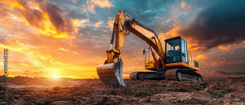 A yellow excavator is on a field with a beautiful sunset in the background. Concept of hard work and determination, as the machine is ready to dig and move earth. The sunset adds a touch of serenity