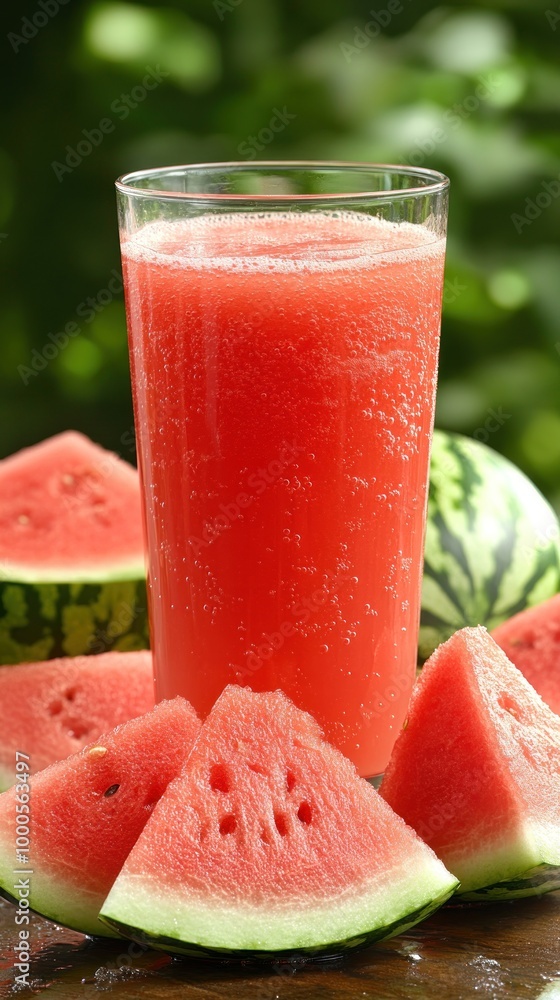 A tall glass of refreshing watermelon juice with slices of watermelon in the foreground and blurred green foliage in the background. A tall glass of refreshing watermelon juice with slices of watermelon in the foreground and blurred green foliage in the background.