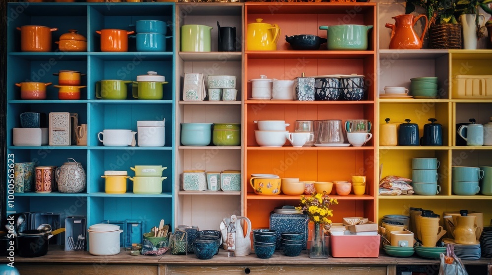 Colorful kitchenware displayed on shelves, showcasing various pots, dishes, and decorative items. Colorful kitchenware displayed on shelves, showcasing various pots, dishes, and decorative items.