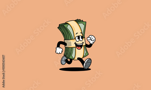 Cartoon stack of money running with a happy expression