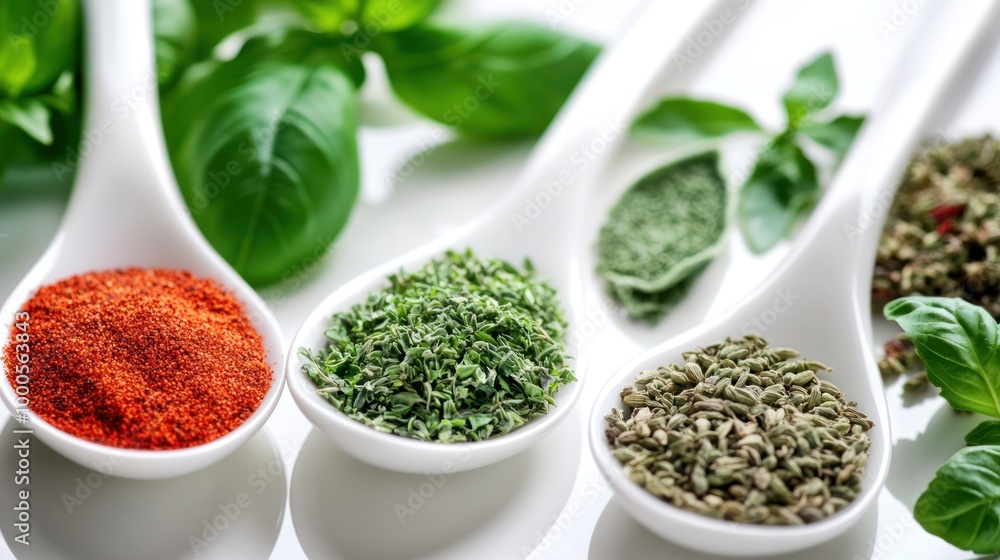 A variety of dried herbs and spices in white bowls on a bright background. A variety of dried herbs and spices in white bowls on a bright background.