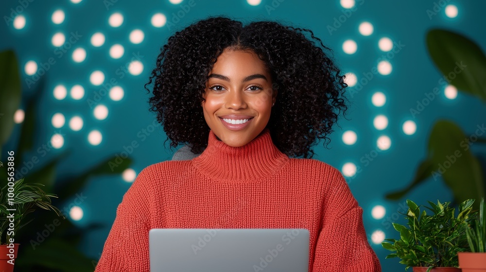 Happy Black Woman Working from Home in Cozy Office with Plants and Laptop Happy Black Woman Working from Home in Cozy Office with Plants and Laptop