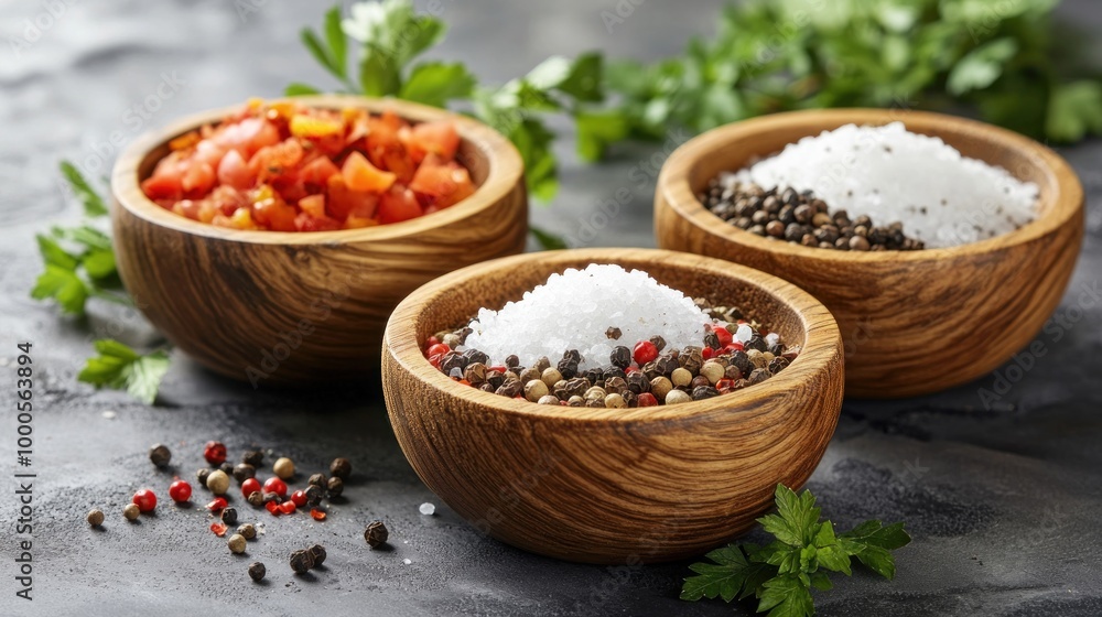 Three wooden bowls filled with spices, salt, and diced tomatoes, surrounded by fresh herbs. Three wooden bowls filled with spices, salt, and diced tomatoes, surrounded by fresh herbs.