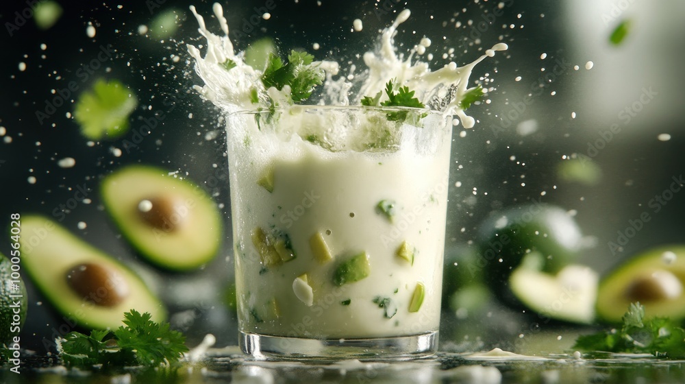 A splash of creamy avocado drink garnished with cilantro. A splash of creamy avocado drink garnished with cilantro.