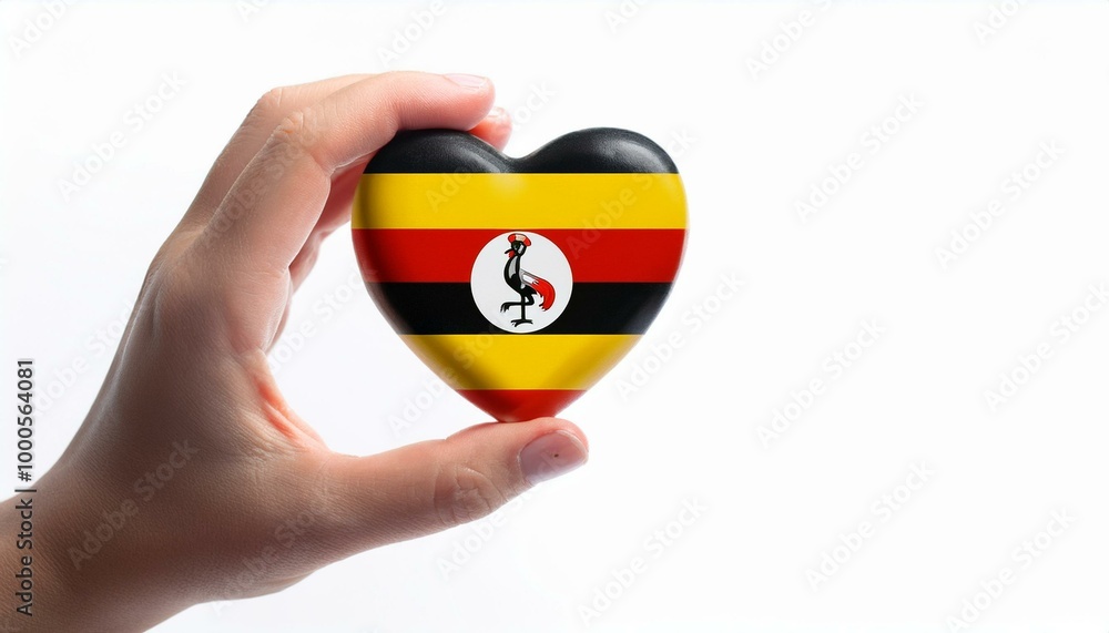Naklejka premium 手で持っているウガンダの国旗のハート(Heart of Uganda flag held in hand.) 