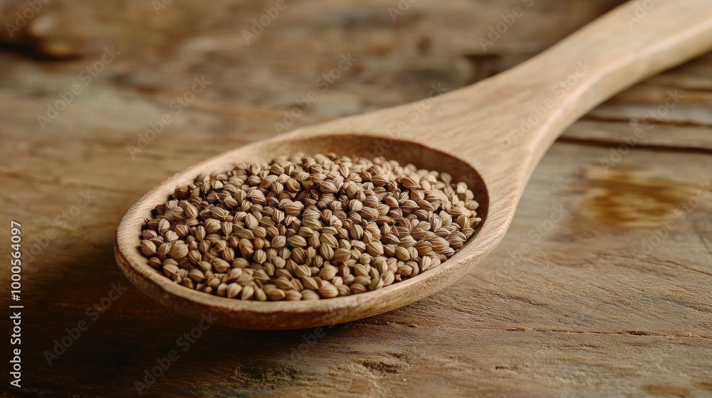 A wooden spoon filled with small seeds on a rustic wooden surface. A wooden spoon filled with small seeds on a rustic wooden surface.