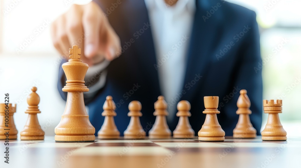 A businessman strategizes over a chess board, embodying leadership and tactical planning for winning business competitions. A businessman strategizes over a chess board, embodying leadership and tactical planning for winning business competitions.