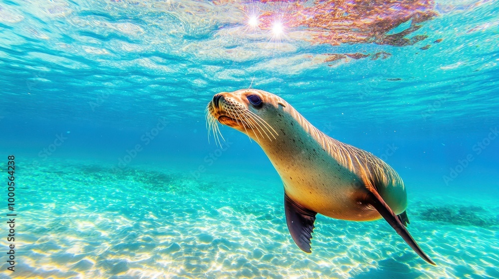 Fototapeta premium A calm sea lion basks in sunlight, surrounded by tranquil ocean waves, showcasing serene marine life under golden rays.