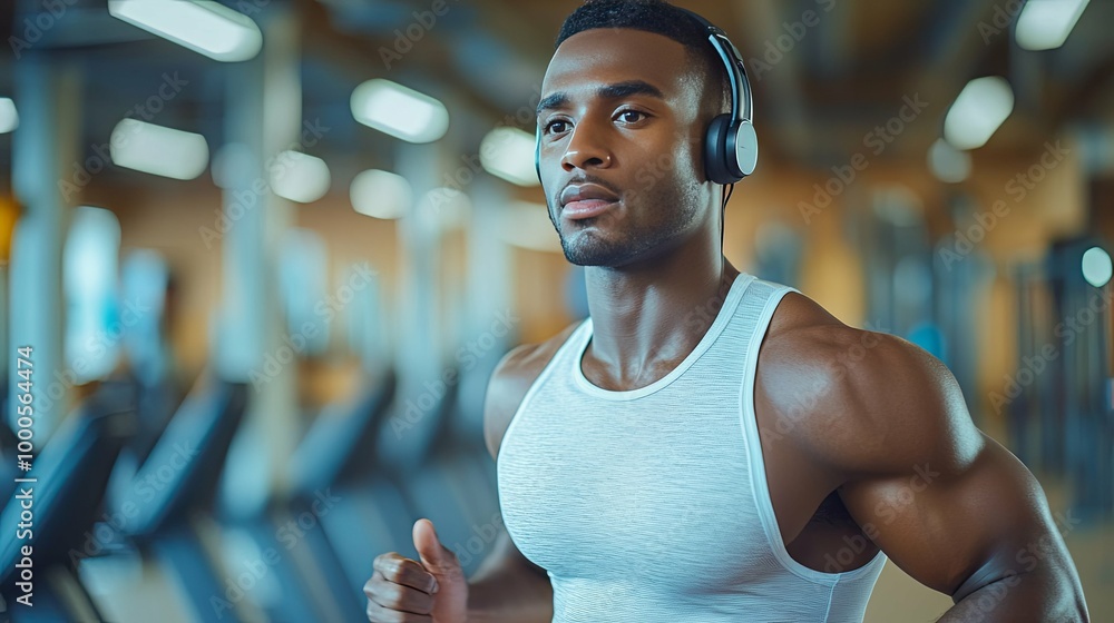 Muscular Man Running on Treadmill with Headphones Muscular Man Running on Treadmill with Headphones