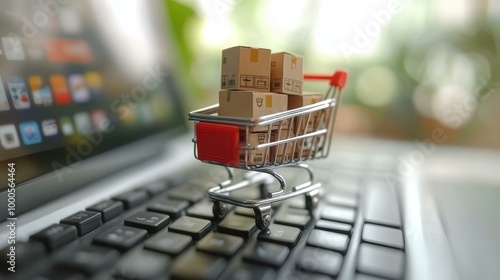 A miniature shopping cart filled with cardboard boxes sits on a laptop keyboard, symbolizing online shopping and ecommerce. photo