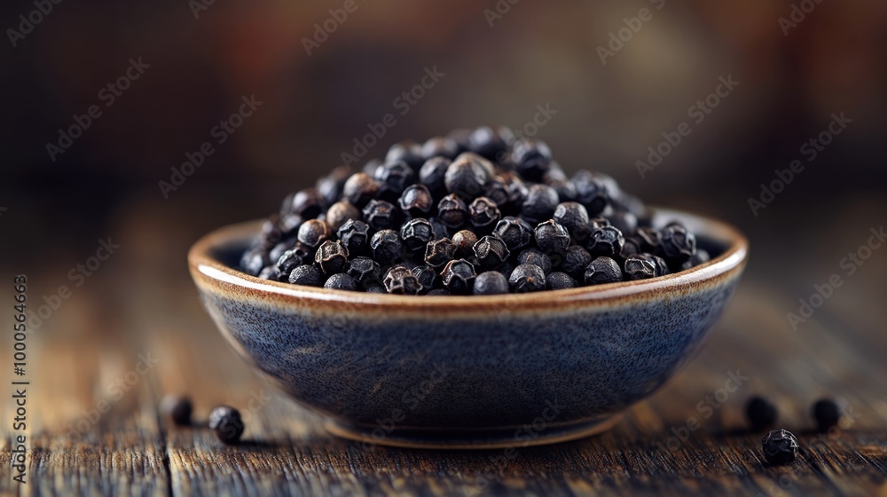 A close-up of a bowl filled with black peppercorns on a wooden surface. A close-up of a bowl filled with black peppercorns on a wooden surface.