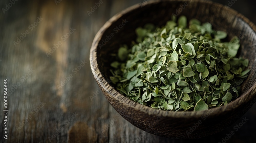 A wooden bowl filled with dried green herbs, highlighting natural ingredients. A wooden bowl filled with dried green herbs, highlighting natural ingredients.