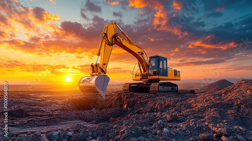 A large yellow and black construction vehicle is digging in the dirt. The sky is orange and the sun is setting