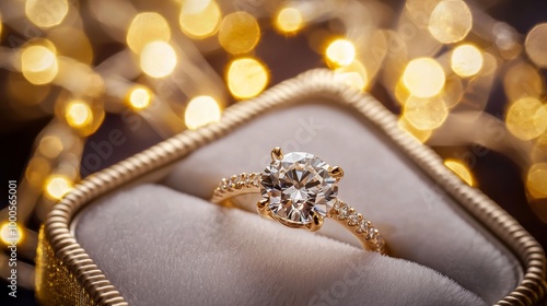 Luxurious gold diamond ring in a white box with golden trim, under warm bokeh lights.