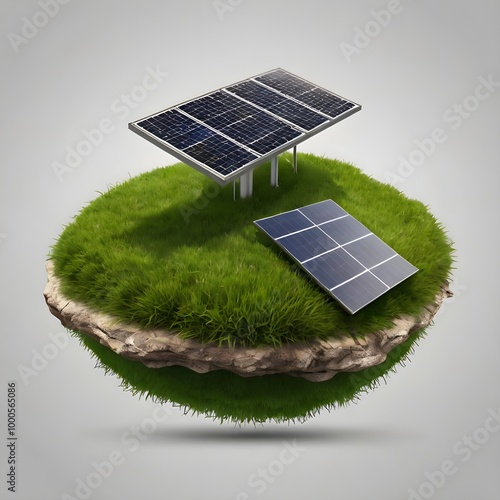 floated green grass island with solar panel in the air 