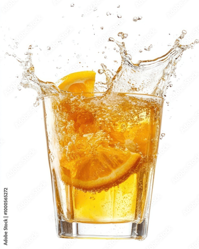 A glass of refreshing orange juice with ice and a splash of water. A glass of refreshing orange juice with ice and a splash of water.