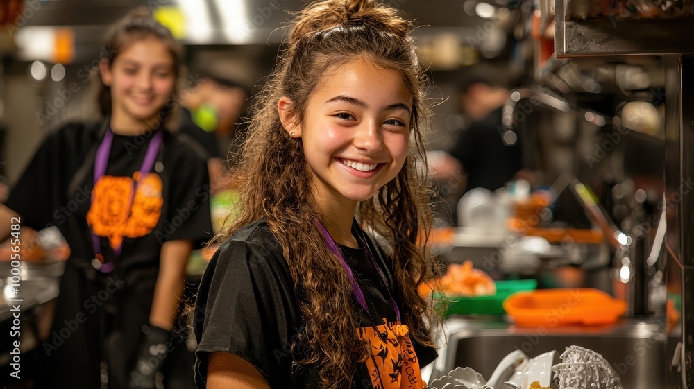 Smiling young girl in a kitchen, showcasing joy and teamwork while preparing food. Smiling young girl in a kitchen, showcasing joy and teamwork while preparing food.