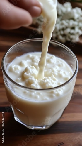 A hand pours a stream of white liquid into a glass of kefir, a fermented milk drink.