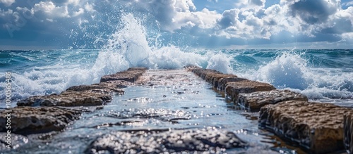 Destroed Stone Pier Splash Wave Sea Waves Break On Stones photo