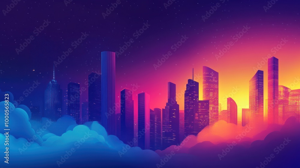 A vibrant city skyline at sunset, blending colors and shapes in a digital art style. A vibrant city skyline at sunset, blending colors and shapes in a digital art style.