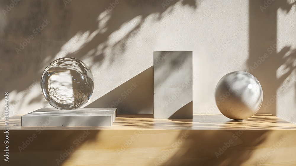 Steel cubes, glass orbs, and concrete blocks meticulously placed on a minimalist wooden table