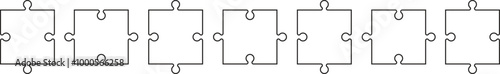 Set of puzzle pieces. Puzzle infographics grid with 7 pieces in a row. Process diagram presentation. Jigsaw business chain infographic. Business info graphic with steps, parts. Vector illustration