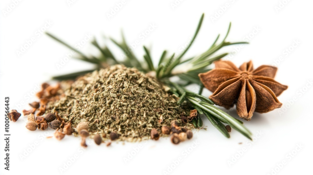 A blend of spices including rosemary, star anise, and ground herbs for culinary use. A blend of spices including rosemary, star anise, and ground herbs for culinary use.