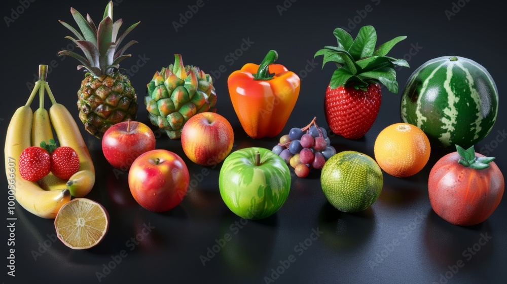 Assortment of Fresh Organic Fruits and Vegetables on Wooden Table Against Dark Background Assortment of Fresh Organic Fruits and Vegetables on Wooden Table Against Dark Background