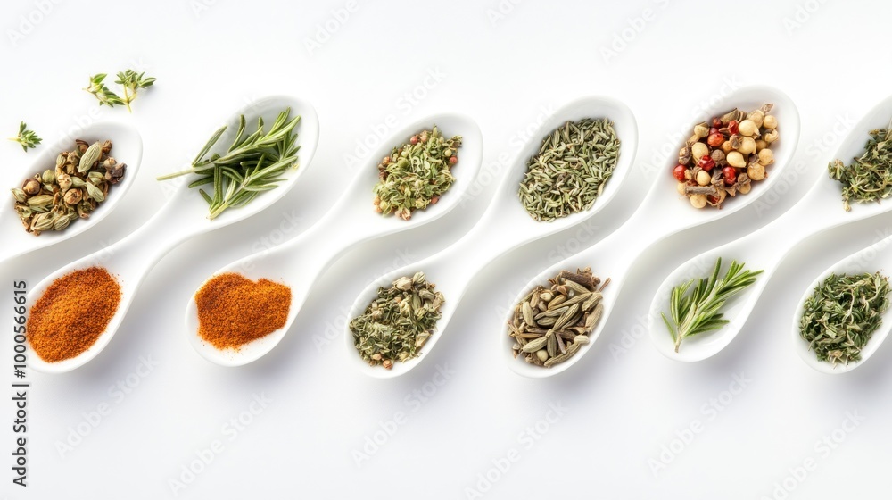 A variety of spices and herbs displayed in spoon-shaped containers for culinary use. A variety of spices and herbs displayed in spoon-shaped containers for culinary use.