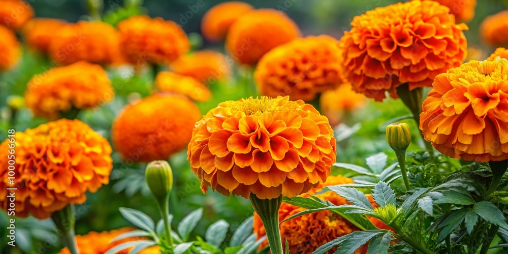 Vibrant Taishan Orange Marigold Blossoms in a Lush Garden Setting with Bright Green Foliage Vibrant Taishan Orange Marigold Blossoms in a Lush Garden Setting with Bright Green Foliage