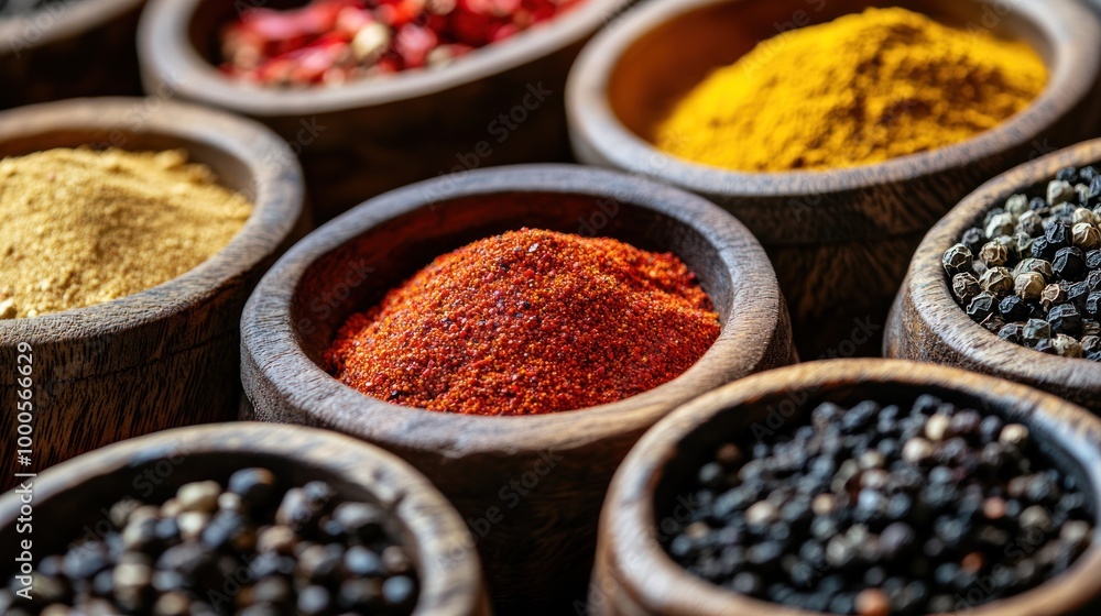 A collection of colorful spices in wooden bowls, showcasing culinary diversity and flavor. A collection of colorful spices in wooden bowls, showcasing culinary diversity and flavor.