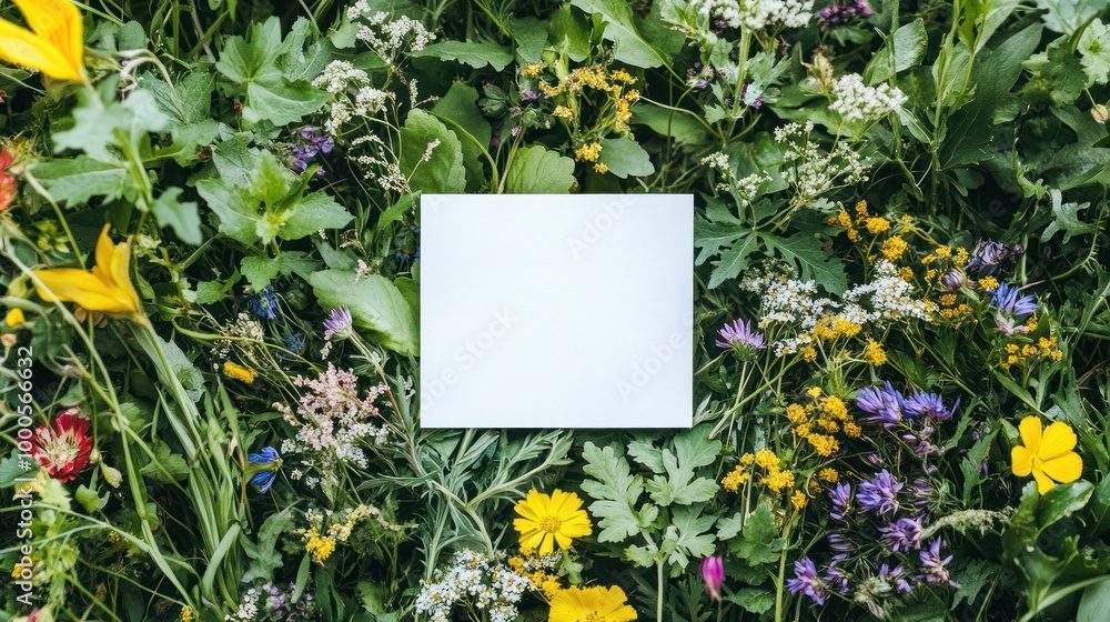 A blank square placed among vibrant wildflowers and greenery, ideal for text or design overlay. A blank square placed among vibrant wildflowers and greenery, ideal for text or design overlay.