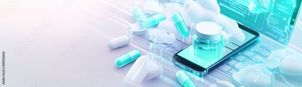 A digital representation of health, featuring pills and a smartphone on a laptop. A digital representation of health, featuring pills and a smartphone on a laptop.