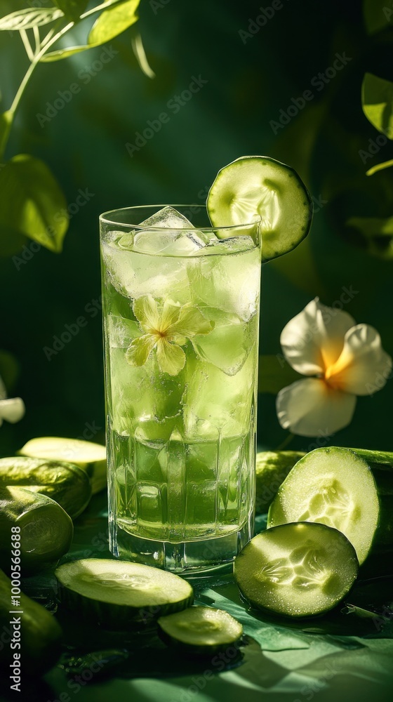A refreshing glass of cucumber water with ice and a flower, surrounded by cucumber slices and green foliage. A refreshing glass of cucumber water with ice and a flower, surrounded by cucumber slices and green foliage.