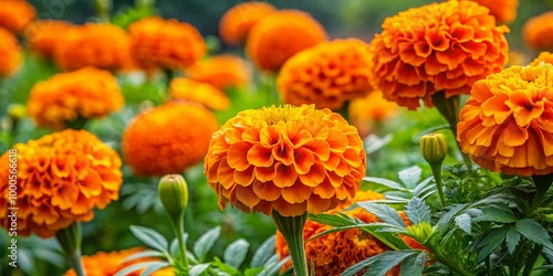 Vibrant Taishan Orange Marigold Blossoms in a Lush Garden Setting with Bright Green Foliage photo