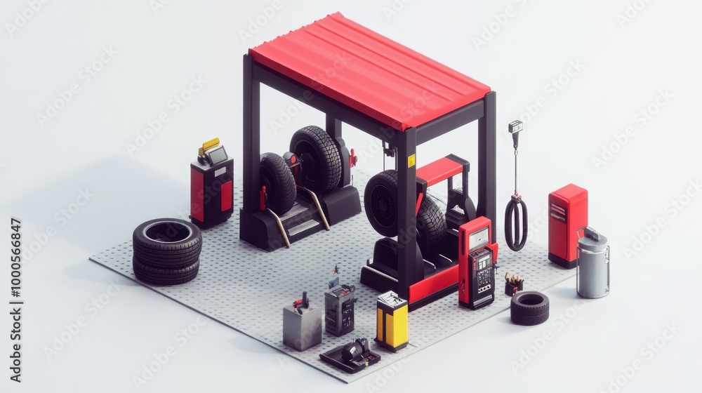 A tire service station with equipment for tire maintenance and storage. A tire service station with equipment for tire maintenance and storage.