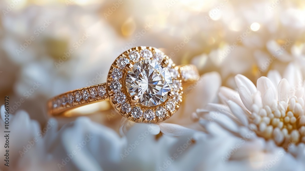 Luxurious gold diamond ring displayed elegantly with a white flower backdrop, radiating romance. Luxurious gold diamond ring displayed elegantly with a white flower backdrop, radiating romance.
