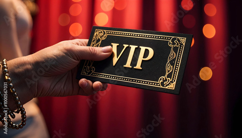 hand holding a gold and black VIP ticket