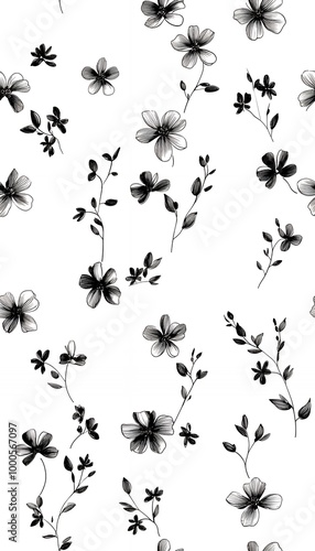 A seamless pattern, Elegant Black and White Floral Pattern With Delicate Flower Designs.