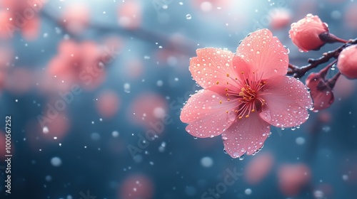 A single pink blossom with dew drops, a delicate display of nature's beauty in soft focus with a background of soft light and bokeh