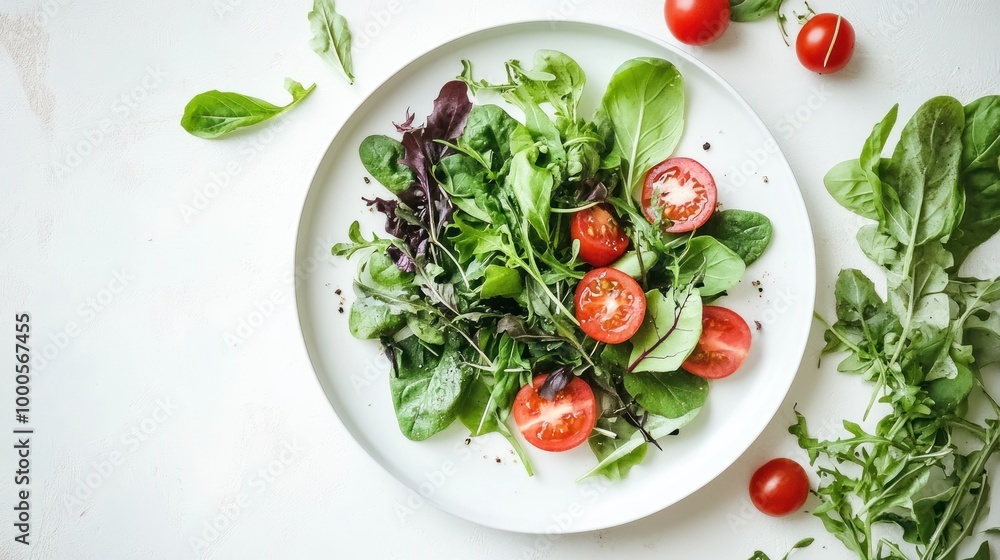 A fresh salad with mixed greens and cherry tomatoes on a white plate. A fresh salad with mixed greens and cherry tomatoes on a white plate.