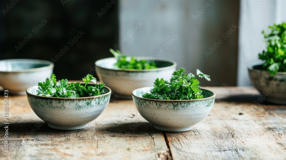 Fresh herbs in rustic bowls on a wooden surface, emphasizing natural ingredients. Fresh herbs in rustic bowls on a wooden surface, emphasizing natural ingredients.