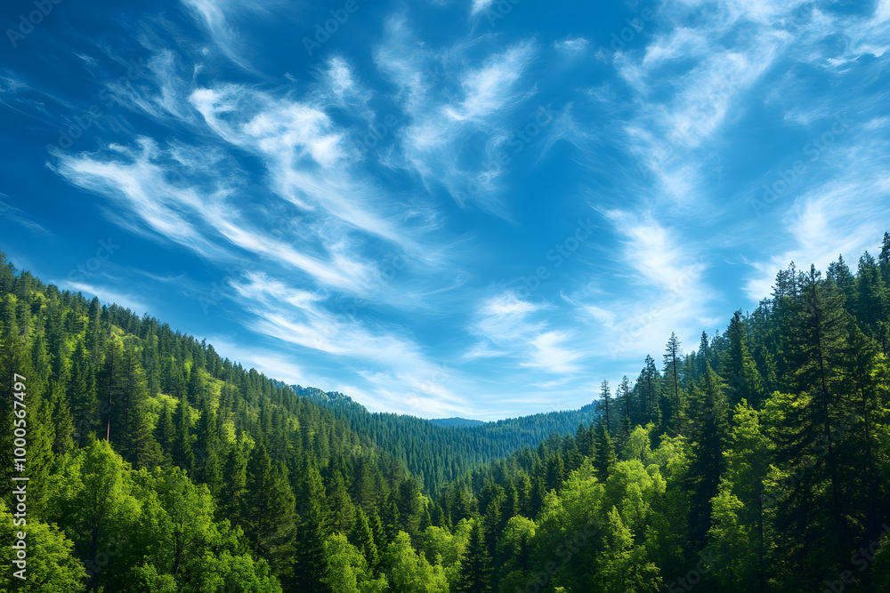 Fototapeta premium Green pine trees cover the mountain slopes under a blue sky with fluffy clouds in this scenic summer mountain landscape